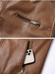 1pc Khaki Men Outdoor Motorcycle Chest Zipper Stand Collar PU Leather Jacket, Spring/Summer Biker Leather Coat,Fleece - Yellow - View 5