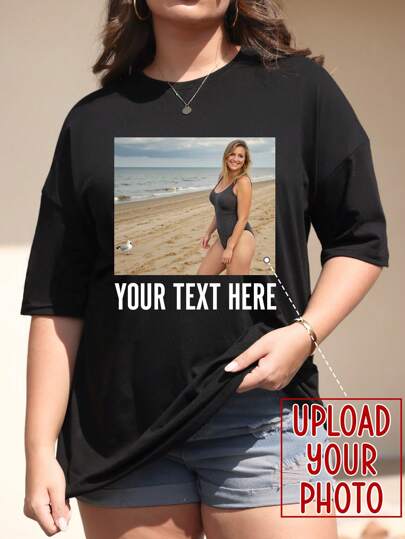 Camiseta suelta personalizada para mujer de talla grande, personalizada con tu foto/familia/mejor amigo/pareja/mascota, con texto/fecha de aniversario/mensaje/texto significativo, camiseta casual de talla grande para mujer, camiseta gráfica personalizada, top negro para mujer, regalo de aniversario, regalo del Día de San Valentín, regalo de cumpleaños, regalo para la mejor amiga, regalo festivo para el verano