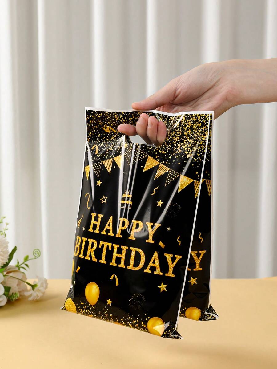 50个黑色和金色“生日快乐”礼品袋，生日礼物包装袋，生日派对袋，塑料袋，一周岁生日派对用品，派对小礼物，生日快乐，男孩生日，女孩生日，生日装饰
