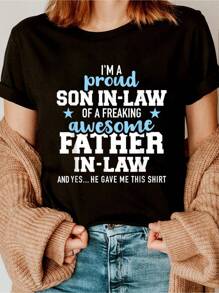 Proud Son-In-Law Of A Great Father-In-Law T-Shirt  Women Graphic Print T Shirt, Casual Crew Neck Short Sleeve Top, Cotton Knit Fabric, Regular Fit, All-Season Wear