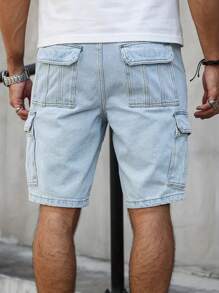 男士休闲前扣口袋简约时尚工装牛仔短裤、工装裤