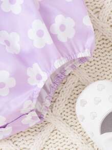 女婴紫色花朵印花吊带连体衣，春夏款