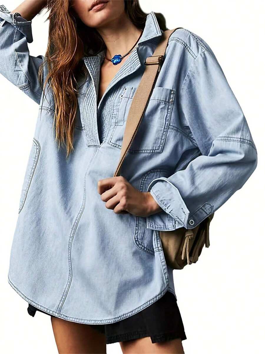 Women's Long Sleeve Denim Tops Casual V Neck Loose Fit Jean Pullover Shirt Jacket With Pockets - Mint Blue - View 1