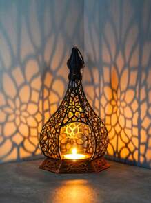 1pc Moroccan Style Metal Candle Holder, Vintage-Inspired Gilded Openwork Carved Wind Lamp, Romantic European Wedding Decor, Aromatherapy Candle Holder, Seascape Theme Decorative Hanging Light For Home, Courtyard, Garden, Villa, Distressed Lantern Design For Home Ambiance - Shipped Without Candles