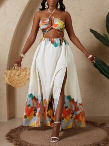 Women's Tie-Dye Print Backless Halter Dress, High Split Dress Bea Chwear Vacation Outfits Woman, Beach Outfits For Woman, Tropical Vacation Woman Clothes, Sundresses For Vacation