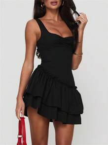 Women's Square Neck Ruffle Hem Mini Dress Sleeveless Back Lace Up Corset Short Party Dresses