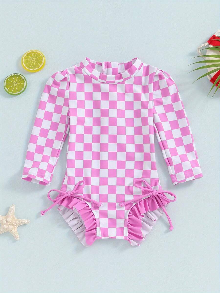 Girls Bikini Beach Swimwear Long Sleeve Checkerboard Print Ruffle Romper Bathing Suit - Rosa - Ver 1