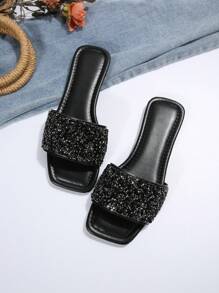 Dép quai hậu đính đá Rhinestone một ngón cho nữ, Dép nhựa đế bằng đi ngoài trời đa năng, thường ngày mùa hè - màu đen - Xem 5
