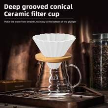 MYVIT 手冲咖啡壶套装、陶瓷手冲咖啡滴漏漏斗、竹制咖啡架、家用咖啡制作工具 - 均碼 - 查看 6