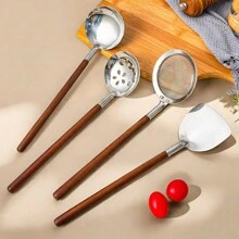 Multi-Functional Mini Kitchen Utensil, 304 Stainless Steel Ladle, Colander, Turner, Anti Scalding Wooden Handle Cooking Spoon, Cooking Tools Including Soup Spoon, Slotted Spoon,Spatula, Dishwasher Safe, Suitable For Kitchen Restaurant