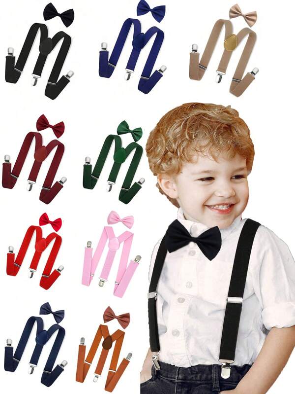 Set de tirantes y moño para niños, moño y tirantes de esmoquin para estudiantes, clips ajustables de tirantes para niños y niñas, adecuado para fiestas, bodas y celebraciones de cumpleaños