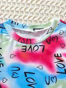 Casual Tie-Dye Heart Pattern Round Neck Short Sleeve Snug Fit T-Shirt Dress, Girl's Summer Gift - Multicolor - View 3