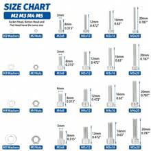 SANJODS Set de 880 piezas de tuercas y pernos hexagonales de acero inoxidable, en tamaños M2/M3/M4/M5, incluye arandelas planas, para sujeción segura / proyectos DIY / uso profesional, ideal para diversas aplicaciones