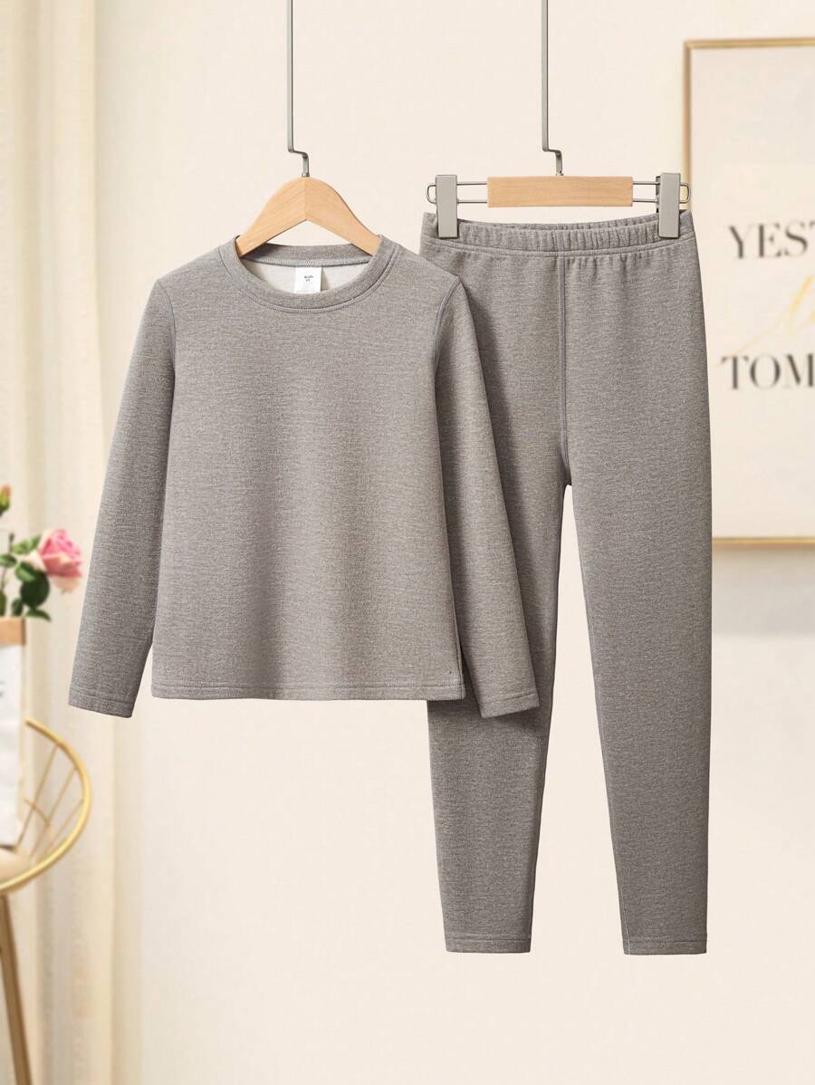 2pcs/Set Snug Fit Children Sleepwear Pajamas, Solid Color Warm Basic Wear-Out Suits, Fashionable For Autumn/Winter