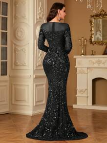 hezixi High-Quality Stretchy Sequin Maxi Dress, Comfortable Fit For All Figures, Sheer Round Neck Long Sleeve Bodycon Mermaid Hem Design, Solid Color Elegant Luxury Women's Evening Gown, Suitable For Parties, Weddings, Formal Events, Galas - 黑色 - 查看 6