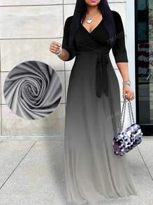 Vestido de manga larga y cuello en V profundo para mujer talla grande, de tela de punto elegante con estampado posicionado, atuendo de verano para vacaciones de mujer