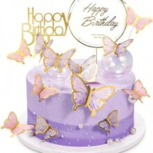 50 Pieces Butterfly Cake Decorations With Happy Birthday Acrylic Cake Toppers For Shower Wedding Birthday Party Decor (Purple & Pink)