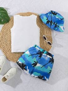 Set da 3 pezzi per neonato maschio, per vacanza: canottiera con stampa albero di cocco e lettera, pantaloncini corti e cappello, stile casual, per l'estate