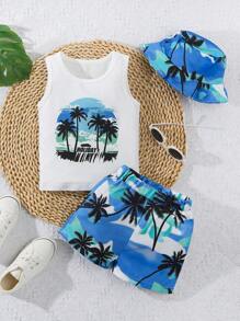 Set da 3 pezzi per neonato maschio, per vacanza: canottiera con stampa albero di cocco e lettera, pantaloncini corti e cappello, stile casual, per l'estate