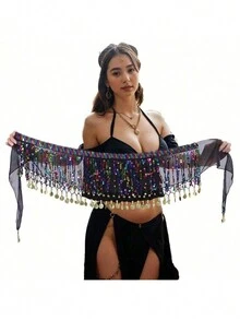 حزام رقص البطن ، أزياء مرقطة بشرشف من الكسرات للرقص الشرقي للنساء، ألوان هندية بترتيرات - متعدد الألوان - مشاهدة 12