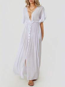 Women's Dress, Knot Single Breasted Waist Pumping Smock Backless Robe Sun Proof Clothes - White - View 2