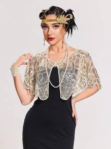 1920年代复古亮片串珠披肩围巾，适合正式派对、婚礼、哈林之夜、万圣节等场合。 - 杏色 - 查看 2