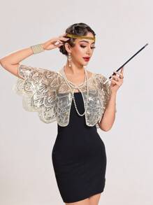 1920年代复古亮片串珠披肩围巾，适合正式派对、婚礼、哈林之夜、万圣节等场合。 - 杏色 - 查看 6