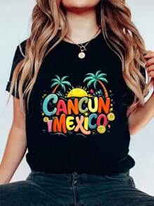Cancun Mexico T-Shirt  Cotton Graphic Tee For Women, Round Neck Short Sleeve Casual Tops - 黑色 - 查看 1