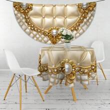 1 件金色珍珠格子印花圆形桌布，奢华防水彩色露台餐桌罩，艺术挂毯，窗帘，披肩，野餐垫，适用于 63 英寸桌子