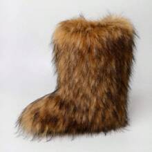 QMFUR Women's Furry Faux Fur Boots Fuzzy Fluffy Mid Calf Snow Boots Suede Warm Fur Lined Booties Flat Fashion Boots - Burgundy - View 8