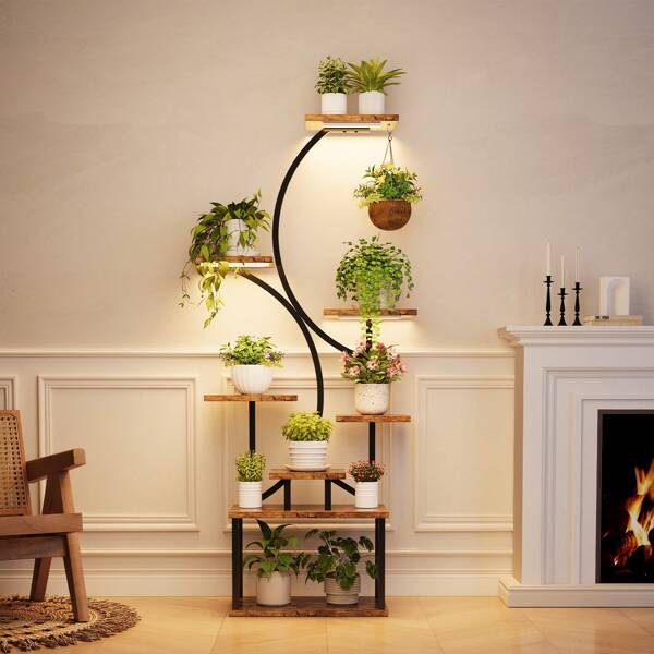 Plant Stand With Grow Light, 8 Tiered Plant Stands For Indoor Plants Multiple, 62" Tall Plant Stands Indoor, S-Shaped Plant Shelf With Grow Light For Living Room, Metal Plant Rack, Brown Black