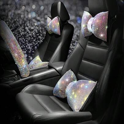 彩色水钻水晶蝴蝶结汽车头枕腰枕，柔软泡沫填充，符合人体工学设计，可调节腰部支撑，适合女性，豪华汽车内饰配件，舒适时尚