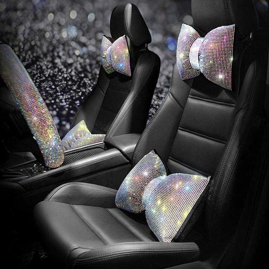 彩色水钻水晶蝴蝶结汽车头枕腰枕，柔软泡沫填充，符合人体工学设计，可调节腰部支撑，适合女性，豪华汽车内饰配件，舒适时尚