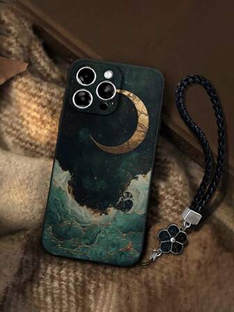 1 个艺术金色月亮与波浪设计加厚防震手机壳，带手工编织挂绳，适用于 iPhone 16/16 Pro/16 Plus/16 Pro Max、iPhone 15 Pro Max、iPhone 14/13/11/12/XS/XR/78/78GES2、A50/A12/A32/A52/A72/A51/A21S/A13/A14/S22 Ultra/S23/A33/A53/S20 FE、11 Youth/12 Pro/12/12X、Note 11/9A/9C、Poco X3 NFC、Redmi 10/9/Note 9/12C/Note 11 Pro/10C/Note 8 Pro