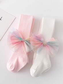 2pcs Girls Bow Decor Comfortable Soft Leggings, Suitable For 1-12 Years Old Children Outdoor Activities