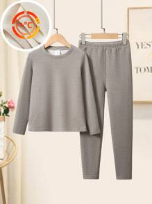 2pcs/Set Snug Fit Children Sleepwear Pajamas, Solid Color Warm Basic Wear-Out Suits, Fashionable For Autumn/Winter