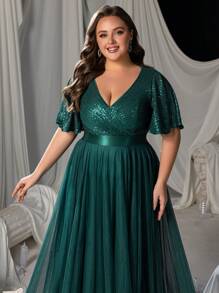 Faeriesty Curve Plus Women Elegant 's Deep V-Neck Chiffon A-Line Evening Dress With Flutter Sleeves – Formal Banquet Gown, Wedding Photography, Red Carpet Event, Bridal Portrait, Beachside Celebration AttireSummer Holiday Outfits - Dark Green - View 6