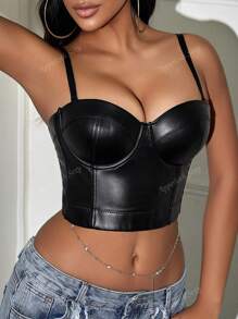 Rave Spaghetti Strap PU Leather Corset Bustier Crop Cami Top Music Festival