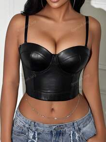 Rave Spaghetti Strap PU Leather Corset Bustier Crop Cami Top Music Festival