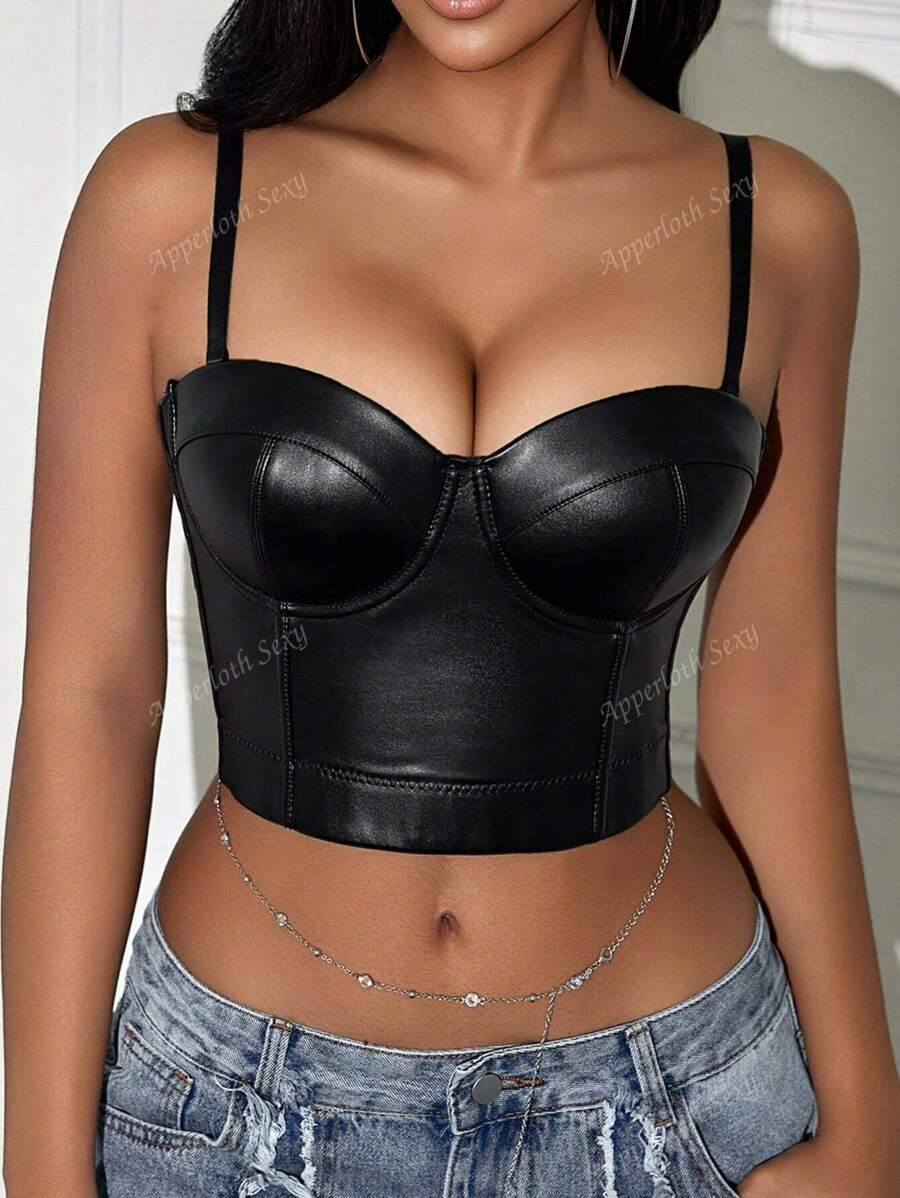 Rave Spaghetti Strap PU Leather Corset Bustier Crop Cami Top Music Festival