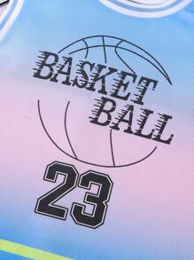 2pcs/Set Boys' Basketball Sports Outfit, Short Sleeve Shirt And Shorts, Casual Comfort Blue-Pink-Purple Gradient Design, Basketball No.23 Print, Suitable For Sports And Outdoor Wear