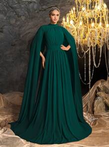 Faeriesty Vestido formal/vestido largo/vestido de longitud media de unicolor vintage con cuello alto y mangas tipo capa de gasa - Verde Oscuro - Ver 2