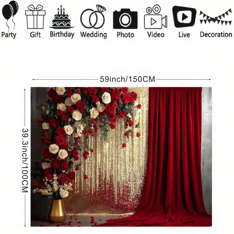 Cortina Vermelha e Dourada, Pano de Bottom com Design de Rosas Vermelhas e Brancas, Decoração de Aniversário, Noiva, Festa, Estúdio de Fotografia de Retrato, Vinil - Tipo A - Visão 4