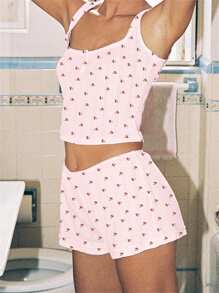 Women's Summer Lounge Set Sleeveless Bear/Heart/Cherry Print Cami Tops Shorts Sleepwear Sets - 粉色 - 查看 6