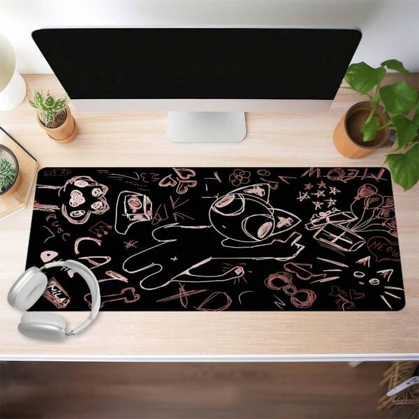 1 pieza Alfombrilla de escritorio con gato en negro y rosa, diseño de garabatos abstractos, gran tapete para ratón de 35.4x15.7 pulgadas, accesorios de escritorio con base de goma y bordes cosidos, alfombrilla para teclado antideslizante para oficina, hogar, computadora, como regalo para hombres, mujeres y amigos, de vuelta a la escuela