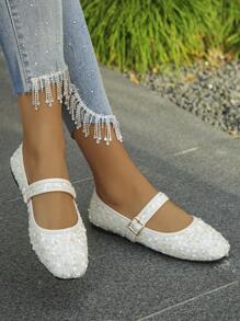 Plus Size 35-43 Vintage Mary Jane Flat Shoes, Beige, Glamorous Sequined Round Toe Soft Bottom Work Shoes, New Spring Autumn Daily Wear & Party Slip-On Loafers, Women Ballet Flats