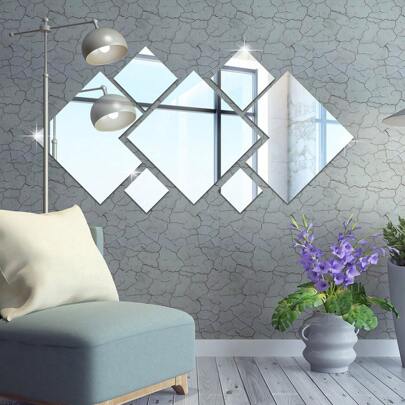 7 piezas Espejo acrílico geométrico cuadrado con adhesivos de empalme, regalos de decoración de pared para sala de estar, dormitorio, cumpleaños, graduación, decoración personalizada, espejo de pared, espejo para habitación, decoración del hogar, decoración del baño, decoración de la sala de estar