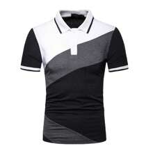 Versión clásica masculina de la camisa polo de manga corta con rayas oblicuas combinación de blanco y negro gris moda casual camisa polo 100% algodón chaqueta masculina de verano - Negro - Ver 1