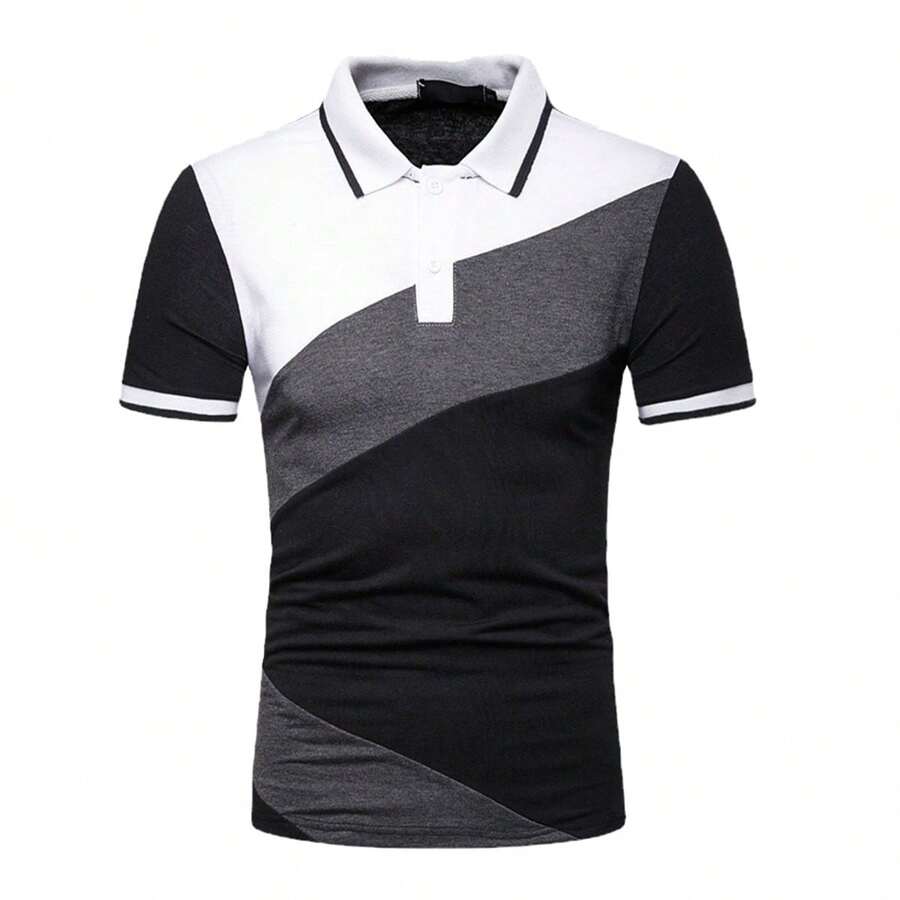 Versión clásica masculina de la camisa polo de manga corta con rayas oblicuas combinación de blanco y negro gris moda casual camisa polo 100% algodón chaqueta masculina de verano - Negro - Ver 1