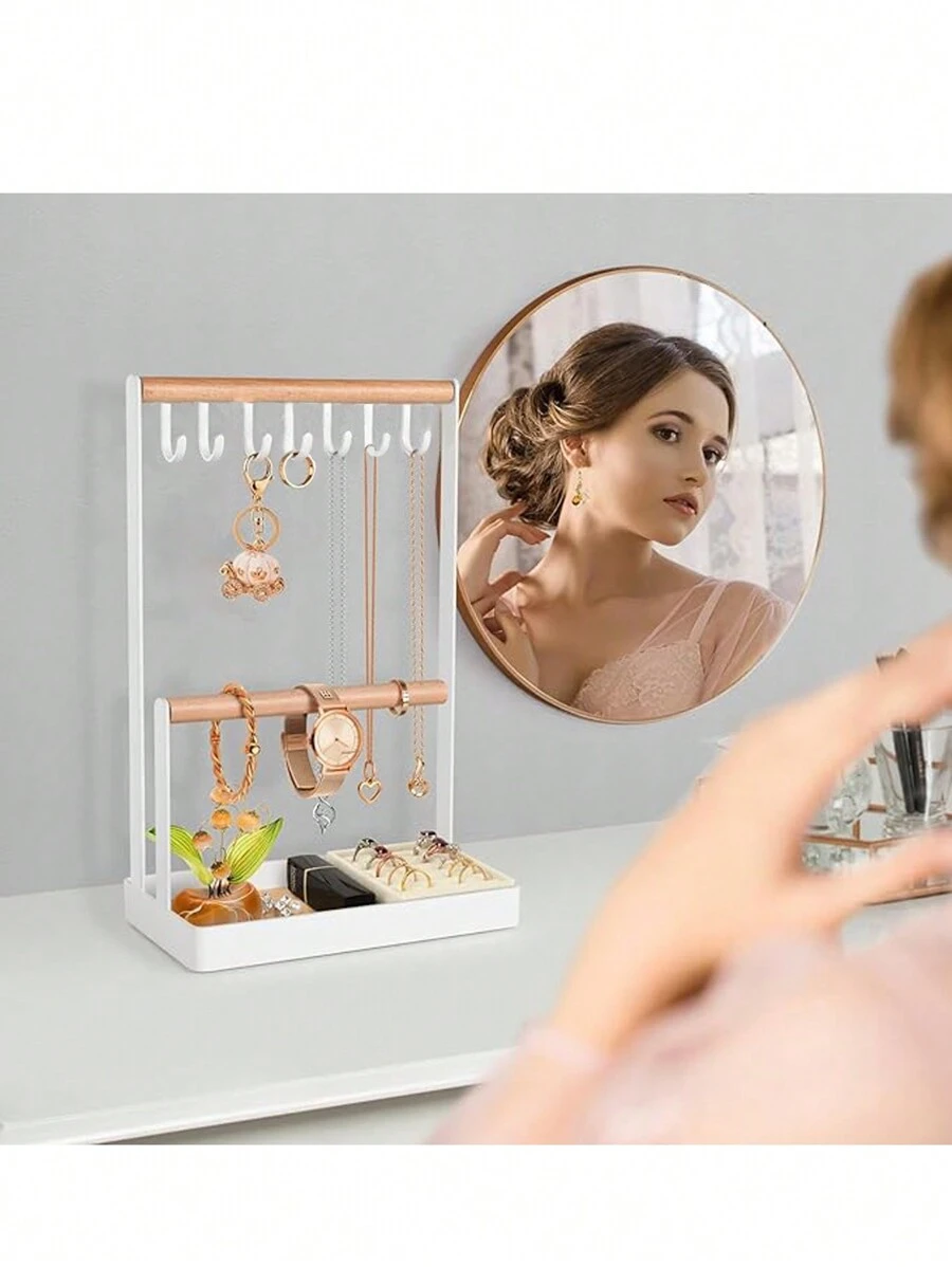 1pc Jewelry Organizer Necklace Stand, 2-Tier Jewelry Stand Wooden Ring Earring Tray, 8 Hooks Bracelet Hanging Display Rack For Earrings Rings Watches Storage Valentine's Day